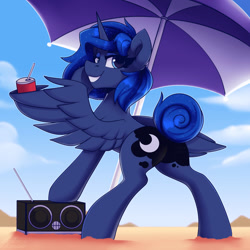 Size: 1750x1750 | Tagged: safe, artist:shadowreindeer, princess luna, alicorn, pony, g4, alternate hairstyle, beach, beach umbrella, butt, female, grin, looking at you, looking back, looking back at you, mare, moonbutt, outdoors, plot, pop can, radio, short mane, smiling, smiling at you, soda, soda can, solo, straw, tail bun, umbrella, wing hands, wings