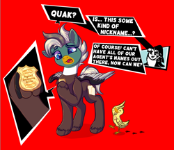 Size: 1850x1600 | Tagged: safe, artist:banoodle, oc, oc:dolan, oc:duk, oc:santa pone, bird, duck, badge, comic, confused, persona 5, quack