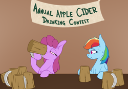 Size: 1752x1216 | Tagged: safe, artist:aquaticvibes, berry punch, berryshine, rainbow dash, earth pony, pegasus, pony, g4, apple cider, atg 2021, chest fluff, drinking contest, female, mare, newbie artist training grounds, sweat, sweatdrops, that pony sure does love cider, that pony sure does love drinking, this will end in sickness