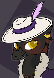 Size: 2715x3915 | Tagged: safe, artist:thehuskylord, oc, oc only, oc:a pimp named buckback, hippogriff, ponyfinder, bust, colored pupils, dungeons and dragons, feather, hat, high res, pen and paper rpg, portrait, rpg, say the whole name, solo