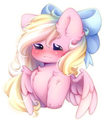 Size: 2000x2329 | Tagged: safe, artist:sweesear, oc, oc only, oc:bay breeze, pegasus, pony, blushing, bow, chest fluff, chibi, cute, ear fluff, eyes closed, female, fluffy, hair bow, high res, mare, ocbetes, pegasus oc, simple background, solo, white background, wings