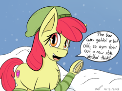 Size: 1024x768 | Tagged: safe, artist:woofyhoundisdead, apple bloom, earth pony, pony, g4, alternate accessories, beanie, female, filly, frog (hoof), hat, horseshoes, leg warmers, looking at you, open mouth, open smile, raised hoof, smiling, snow, solo, speech bubble, underhoof