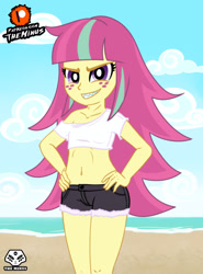 Size: 1920x2600 | Tagged: safe, artist:theminus, sour sweet, human, equestria girls, g4, beach, belly button, clothes, cloud, confident, delicious flat chest, denim shorts, exposed belly, female, freckles, hand on hip, long hair, looking at you, midriff, multicolored hair, off shoulder, purple eyes, sand, sharp teeth, shirt, short shirt, shorts, show accurate, smiling, solo, sour flat, teeth, tomboy, water, watermark, yellow skin