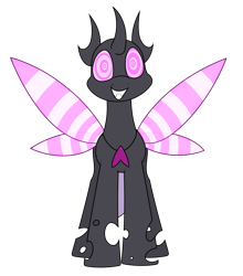 Size: 1525x1735 | Tagged: safe, artist:moonatik, oc, oc only, changeling, changeling oc, commission, female, grin, hypnosis, implied hypnosis, looking at you, purple changeling, simple background, smiling, solo, spread wings, transparent background, wings