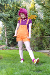 Size: 400x600 | Tagged: safe, artist:tomecko, scootaloo, human, g4, clothes, cosplay, costume, irl, irl human, overalls, photo, shoes, sneakers, solo