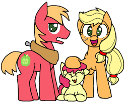 Size: 394x322 | Tagged: safe, artist:anonymouseleven, apple bloom, applejack, big macintosh, earth pony, pony, g4, apple siblings, apple sisters, brother and sister, female, filly, horse collar, male, mare, missing accessory, siblings, simple background, sisters, smiling, stallion, transparent background, trio