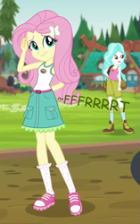 Size: 451x720 | Tagged: safe, artist:thedarkpony, edit, edited screencap, screencap, fluttershy, equestria girls, g4, my little pony equestria girls: legend of everfree, camp everfree outfits, clothes, cropped, fart, fart edit, fart noise, female, onomatopoeia, skirt, sound effects
