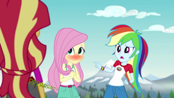 Size: 960x540 | Tagged: safe, artist:thedarkpony, edit, edited screencap, screencap, fluttershy, rainbow dash, sunset shimmer, equestria girls, g4, legend of everfree, blushing, camp everfree outfits, capri pants, clothes, cute, dashabetes, embarrassed, fart, fart edit, fart noise, female, onomatopoeia, shirt, shorts, shyabetes, sibling love, sisterly love, skirt, sound effects, t-shirt, tank top, tomboy, trio, trio female