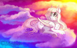 Size: 3000x1899 | Tagged: safe, artist:mediasmile666, oc, oc only, pegasus, pony, butt, choker, clothes, cloud, dock, female, folded wings, looking back, lying down, mare, plot, rear view, sky, smiling, socks, solo, thigh highs, two toned wings, underhoof, wings