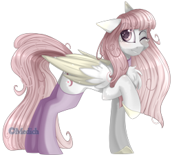 Size: 2430x2237 | Tagged: safe, artist:mediasmile666, oc, oc only, pegasus, pony, choker, clothes, colored hooves, female, floppy ears, high res, mare, one eye closed, raised hoof, simple background, smiling, socks, solo, standing, thigh highs, transparent background, two toned wings, wings, wink