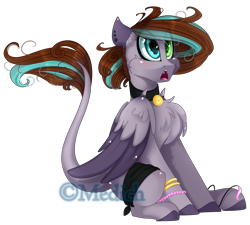 Size: 2423x2180 | Tagged: safe, artist:mediasmile666, oc, oc only, pegasus, pony, bandage, bell, bell collar, chest fluff, collar, colored hooves, ear piercing, female, folded wings, heterochromia, high res, leonine tail, mare, open mouth, pegasus oc, piercing, simple background, sitting, solo, transparent background, two toned wings, wing claws, wings