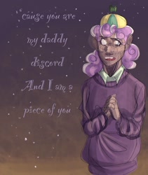 Size: 1080x1278 | Tagged: safe, artist:nikek_doodles, screwball, human, g4, clothes, daddy discord, dark skin, doodle, hat, humanized, implied discord, propeller hat, quote, sweater, swirly eyes, youtube link