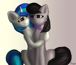 Size: 2869x2475 | Tagged: safe, artist:flapstune, dj pon-3, octavia melody, vinyl scratch, earth pony, pony, unicorn, g4, bowtie, cheek fluff, chest fluff, ear fluff, female, fluffy, gradient background, high res, hug, lesbian, mare, purple eyes, red eyes, ship:scratchtavia, shipping, signature, simple background, smiling, two toned mane