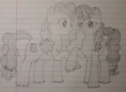 Size: 1280x936 | Tagged: safe, artist:essentialsingularity, pear butter, sugar belle, g4, cute, duo, holding hooves, newbie artist training grounds, pencil drawing, puffy mane, traditional art, unshorn fetlocks
