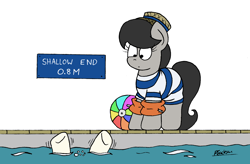 Size: 2208x1448 | Tagged: safe, artist:bobthedalek, dj pon-3, octavia melody, vinyl scratch, pony, g4, atg 2021, beach ball, clothes, drowning, epic fail, fail, hat, newbie artist training grounds, silly, silly pony, striped swimsuit, surprised, swimming pool, swimsuit, too dumb to live, water wings