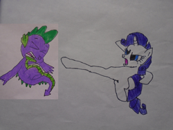 Size: 666x500 | Tagged: safe, alternate version, artist:spikeabuser, rarity, spike, dragon, pony, unicorn, g4, abuse, drawing, female, full color, go to sleep garble, kick, male, op is a duck, op is on drugs, op is trying to start shit, scene interpretation