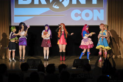 Size: 6240x4160 | Tagged: safe, fluttershy, pinkie pie, rarity, spike, sunset shimmer, twilight sparkle, human, g4, 2021, clothes, convention, cosplay, costume, cyrillic, irl, irl human, newbronycon, photo, rubronycon, russian