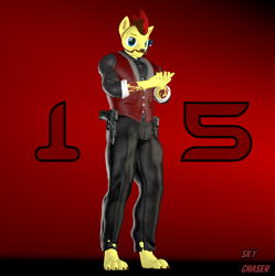Size: 1074x1080 | Tagged: safe, artist:sky chaser, oc, oc only, oc:sky chaser, wolf, wolf pony, anthro, 3d, agent, beard, clothes, dual pistols, facial hair, gun, handgun, looking at you, male, paws, pistol, solo, source filmmaker, tattoo