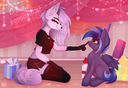 Size: 3140x2160 | Tagged: safe, artist:elektra-gertly, oc, oc only, oc:pixi feather, pegasus, pony, anthro, birthday, boop, clothes, commission, cyrillic, dialogue, duo, furry, furry oc, glasses, happy, hat, high res, kneeling, party hat, pegasus oc, present, sitting, smiling, stockings, thigh highs, tongue out
