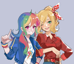 Size: 500x435 | Tagged: safe, artist:feifeiyouji, applejack, rainbow dash, human, equestria girls, g4, arm in arm, beautiful, blonde, blushing, cute, dashabetes, duo, female, freckles, gray background, green eyes, lesbian, looking at you, lovely, multicolored hair, one eye closed, rainbow hair, ship:appledash, shipping, simple background, smiling, wink