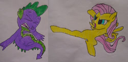 Size: 1025x500 | Tagged: safe, alternate version, artist:spikeabuser, fluttershy, spike, dragon, pegasus, pony, g4, abuse, drawing, female, full color, kick, male, op is a duck, op is a spike hater, op is on drugs, scene interpretation