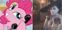 Size: 1111x540 | Tagged: safe, pinkie pie, g4, exploitable meme, lady dimitrescu, meme, phone, phone meme, resident evil, resident evil village, unamused