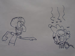 Size: 1032x774 | Tagged: safe, artist:spikeabuser, spike, dragon, g4, abuse, black and white, drawing, grayscale, male, monochrome, op is a duck, prank, scene interpretation, shitposting, spongebob squarepants, squidward tentacles, trash