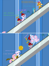 Size: 3000x4010 | Tagged: artist needed, safe, fluttershy, gallus, gilda, silverstream, smolder, spike, dragon, griffon, hippogriff, pegasus, pony, g4, balloon, dialogue, escalator, escalator land, female, gildashy, happy, hat, high res, lesbian, male, mare, party balloon, shipping, stairs, that hippogriff sure does love stairs, the fairly oddparents