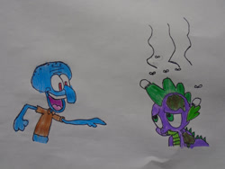 Size: 1032x774 | Tagged: safe, alternate version, artist:spikeabuser, spike, dragon, g4, abuse, colored sketch, crossover, drawing, male, op is a duck, prank, shitposting, spongebob squarepants, squidward tentacles, traditional art, trash