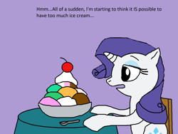 Size: 2000x1500 | Tagged: safe, artist:blazewing, rarity, pony, unicorn, g4, atg 2021, bowl, chair, cherry, colored background, drawpile, food, hooves on the table, ice cream, newbie artist training grounds, rarity looking at food, spoon, sundae, table, text, that pony sure does love ice cream, whipped cream