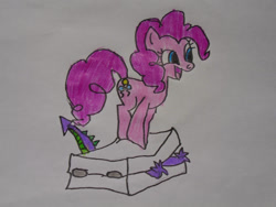 Size: 1032x774 | Tagged: safe, alternate version, artist:spikeabuser, pinkie pie, spike, dragon, earth pony, pony, g4, abuse, drawing, female, full color, go to sleep garble, male, op is a duck, pinkie prick, scene interpretation, shitposting, spikeabuse, suitcase