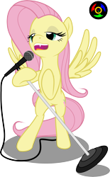 Size: 1771x2857 | Tagged: safe, artist:kyoshyu, fluttershy, pony, g4, bipedal, cute, cute little fangs, fangs, lidded eyes, microphone, simple background, singing, solo, transparent background, uvula