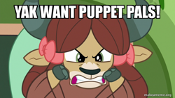 Size: 800x450 | Tagged: safe, edit, edited screencap, screencap, yona, yak, a matter of principals, g4, season 8, angry, bow, caption, cloven hooves, dexter's laboratory, female, gritted teeth, hair bow, image macro, justice friends, monkey swings, reference, solo, text, this will end in yak smash