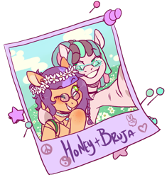 Size: 700x745 | Tagged: safe, artist:lavvythejackalope, oc, oc only, earth pony, pony, bracelet, choker, commission, duo, earth pony oc, floral head wreath, flower, glasses, grin, hoof hold, jewelry, one eye closed, selfie, simple background, smiling, transparent background, wink, ych result
