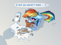 Size: 1890x1417 | Tagged: safe, artist:dandy, rainbow dash, pegasus, pony, g4, bad pony, blushing, cereal, cute, dashabetes, embarrassed, exploitable meme, eye clipping through hair, female, food, from above, looking at you, looking up, looking up at you, mare, meme, milk, mouth hold, newbie artist training grounds, pony pet, sitting, solo, spilled milk, text