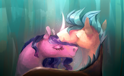 Size: 2844x1739 | Tagged: safe, artist:eugenchen, hitch trailblazer, izzy moonbow, earth pony, pony, unicorn, g5, eyelashes, eyes closed, female, glowing horn, high res, horn, male, mare, not pipp petals, ship:moontrail, shipping, stallion, straight
