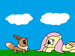 Size: 2000x1498 | Tagged: safe, artist:blazewing, fluttershy, eevee, pegasus, pony, g4, atg 2021, cloud, colored background, curious, drawpile, duo, female, lying down, mare, newbie artist training grounds, pokémon, prone, raised paw, smiling, surprised