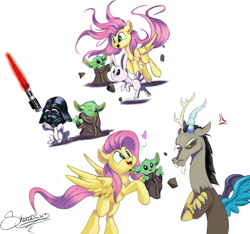 Size: 1280x1200 | Tagged: safe, artist:sketchiix3, angel bunny, discord, fluttershy, draconequus, pegasus, pony, g4, angry, clothes, cosplay, costume, cross-popping veins, crossover, cute, darth vader, discord is not amused, female, floating heart, grogu, grumpy, heart, lightsaber, male, mare, may the fourth be with you, missing cutie mark, open mouth, open smile, simple background, smiling, star wars, toy, toy sword, unamused, white background