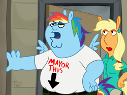 Size: 720x540 | Tagged: safe, artist:php163, applejack, rainbow dash, earth pony, pegasus, pony, anthro, g4, crossover, cursed image, family guy, female, male, mare, meme, peter griffin, signature