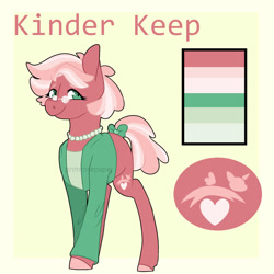 Size: 1280x1280 | Tagged: safe, artist:primrosepaper, oc, oc only, oc:kinder keep, earth pony, pony, bow, clothes, color palette, female, glasses, jacket, jewelry, magical lesbian spawn, mare, necklace, offspring, parent:cheerilee, parent:mayor mare, pearl necklace, shirt, solo, tail bow