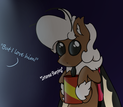 Size: 1483x1296 | Tagged: safe, artist:stemthebug, oc, oc only, oc:stem bedstraw, hybrid, insect, moth, mothpony, original species, pony, cup, drink, drinking, soda, solo, text, tongue out