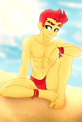 Size: 1080x1596 | Tagged: safe, artist:jvartes6112, flash magnus, equestria girls, g4, abs, beach, belly button, clothes, cloud, equestria girls-ified, feet, male, male feet, male nipples, nipples, outdoors, partial nudity, sitting, solo, speedo, sun, topless