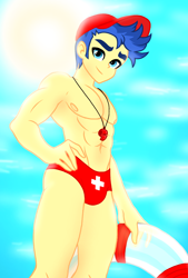 Size: 1080x1596 | Tagged: safe, artist:jvartes6112, flash sentry, human, equestria girls, g4, abs, beach, belly button, clothes, cloud, flex sentry, hand on hip, hat, life preserver, lifeguard, looking at you, low angle, male, male nipples, muscles, muscular male, nipples, outdoors, partial nudity, sexy, smiling, smiling at you, solo, stupid sexy flash sentry, sun, swimming trunks, topless, whistle