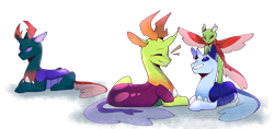 Size: 2048x963 | Tagged: safe, artist:paintedsnek, pharynx, thorax, oc, oc:apex (kolb), oc:calor the changeling, changedling, changeling, nymph, fanfic:the king of love bugs, g4, apex riding thorax, changedling brothers, changedling oc, changeling oc, changelings riding changelings, commission, commissioner:navelcolt, cute, king thorax, pony hat, ponyloaf, prince pharynx, riding, simple background, spread wings, transparent background, wings