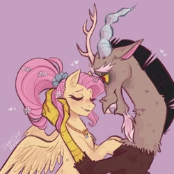 Size: 1080x1080 | Tagged: safe, artist:tartsy, discord, fluttershy, draconequus, pegasus, pony, g4, the last problem, caress, embrace, female, flower, heart, jewelry, male, neck rings, necklace, older, older fluttershy, ring, ship:discoshy, shipping, signature, simple background, straight, touching face