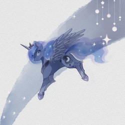 Size: 2000x2000 | Tagged: safe, artist:肥雪雪雪雪雪雪雪, princess luna, alicorn, pony, g4, clothes, crown, digital watercolor, ethereal mane, eye clipping through hair, female, flying, galaxy mane, high res, horn, jewelry, looking at you, mare, paper texture, peytral, regalia, shoes, smiling, smiling at you, solo, spread wings, stars, traditional art, wings