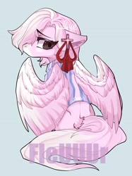 Size: 2048x2732 | Tagged: safe, artist:fleuuur, oc, oc only, pegasus, pony, clothes, cross, ear piercing, earring, floppy ears, high res, jewelry, looking back, pegasus oc, piercing, rear view, shirt, solo, spread wings, tail fluff, wing hole, wings