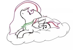 Size: 675x462 | Tagged: safe, artist:priseboom, oc, oc only, oc:lavender sound, pegasus, pony, cloud, eyes closed, female, lying down, mare, music notes, on a cloud, pegasus oc, simple background, smiling, solo, wings
