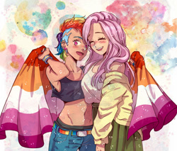 Size: 900x766 | Tagged: safe, artist:itsamourart, fluttershy, rainbow dash, human, g4, belly button, blushing, breasts, busty fluttershy, female, humanized, lesbian, lesbian pride flag, midriff, pride, pride flag, ship:flutterdash, shipping