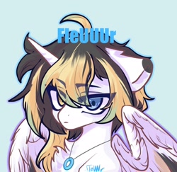 Size: 1916x1860 | Tagged: safe, artist:fleuuur, oc, oc only, alicorn, pony, alicorn oc, bust, frown, heterochromia, horn, jewelry, necklace, obtrusive watermark, portrait, solo, watermark, wings